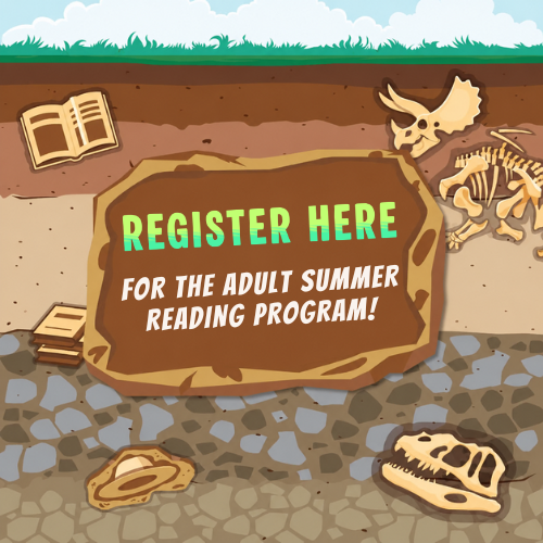 jungle themed graphic with the text "Register Here for the adult summer reading program". 